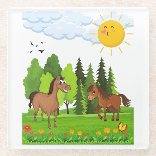 Kleine paarden ontwerpen voor kinderen glazen onderzetter (Voorkant)