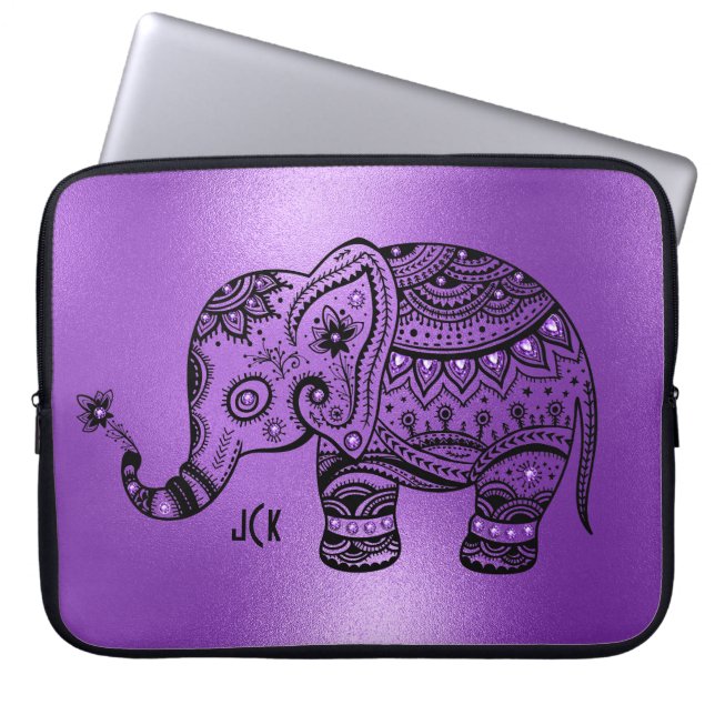 Kleine Paarse achtergrond Zwarte Tribale Elephant Laptop Sleeve (Voorkant)