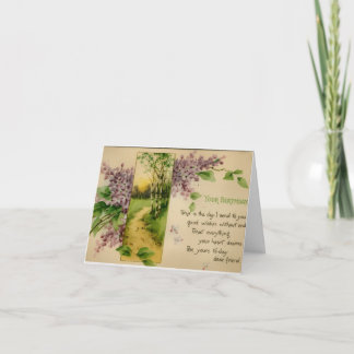 Kleine paarse bloemen met bospad vintage kaart