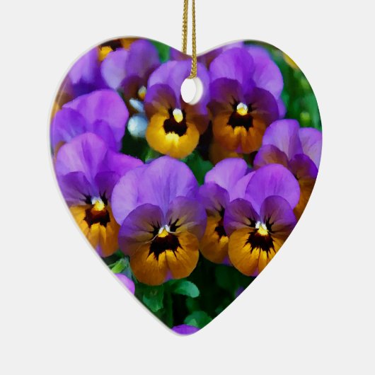 Kleine Paarse Pansies getrimd in Geel Goud Goud Keramisch Ornament (Rechts)