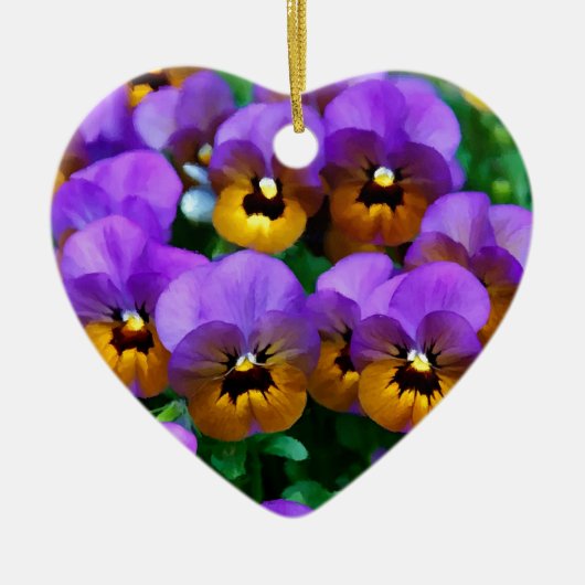 Kleine Paarse Pansies getrimd in Geel Goud Goud Keramisch Ornament (Voorkant)