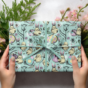 Kleine paaskuikens & konijnenoren, eieren & bloeme cadeaupapier