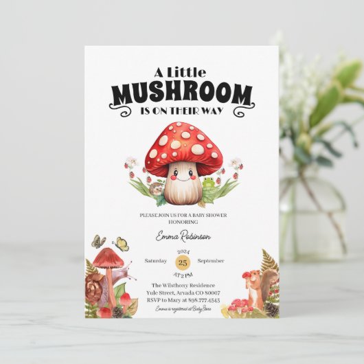 Kleine paddenstoel vlinder mot baby shower kaart (Staand voorkant)