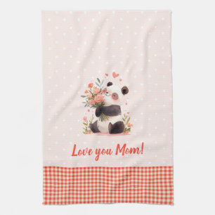 Kleine Panda Holding Flowers Moederdag Gift Theedoek