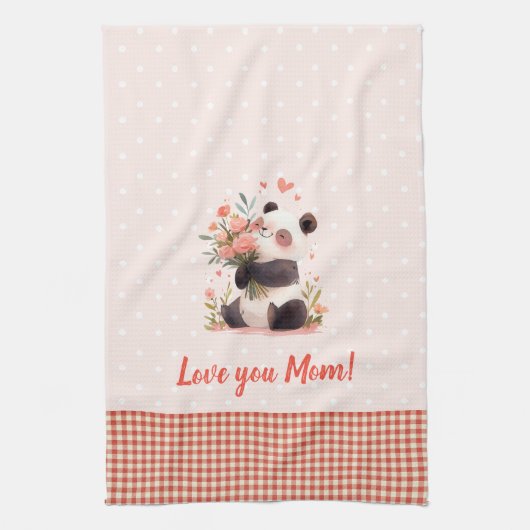Kleine Panda Holding Flowers Moederdag Gift Theedoek (Verticaal)