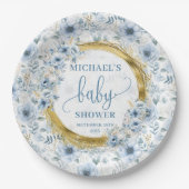 Kleine pastelblauwe bloemen gouden boho waterverf papieren bordje (Voorkant)