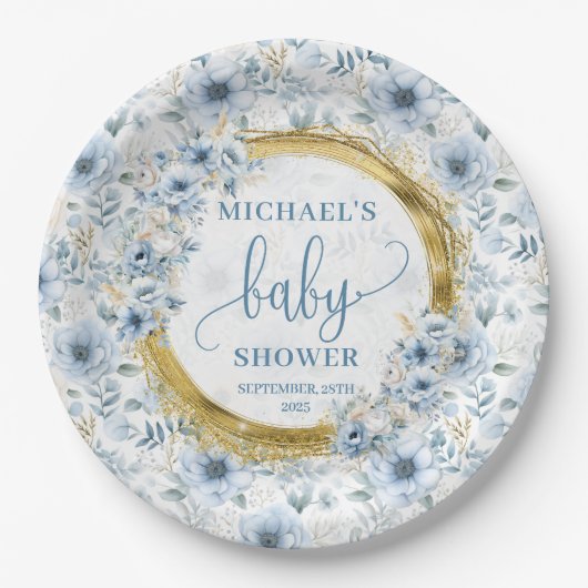 Kleine pastelblauwe bloemen gouden boho waterverf papieren bordje (Voorkant)