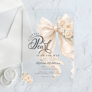 Kleine Pearl Bow Bloemen Baby Shower Acryl Uitnodigingen