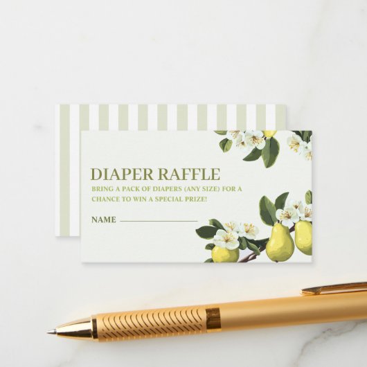 Kleine peer fruit thema Baby shower Luier Raffle Informatiekaartje (Voorkant / Achterkant in situ)