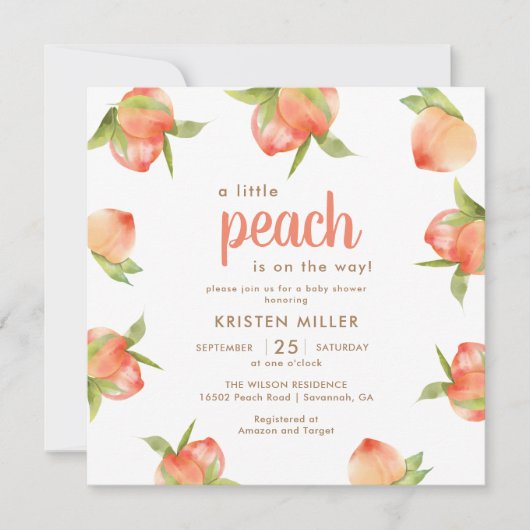 Kleine perzik is op komst perzik baby shower kaart (Voorkant)