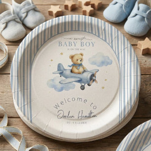 Kleine Piloot Teddybeer Baby Jongens Shower Papieren Bordje