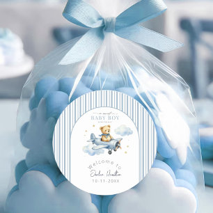  Kleine Piloot Teddybeer Baby Shower voor Jongens  Ronde Sticker