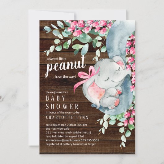 Kleine pinda Elephant Girls Baby shower Kaart (Voorkant)