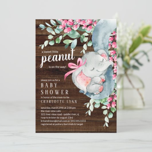 Kleine pinda Elephant Girls Baby shower Kaart (Staand voorkant)