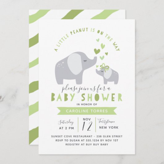 Kleine pinda-olifant | BABY SHOWER | Groen Kaart (Voorkant / Achterkant)