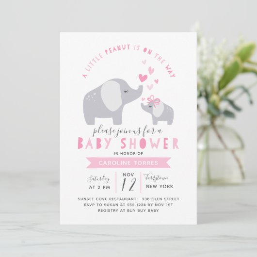 Kleine pinda-olifant | BABY SHOWER | roze Kaart (Staand voorkant)