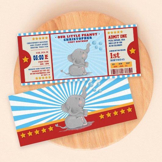 Kleine pinda-olifant Ticket First Birthday Kaart