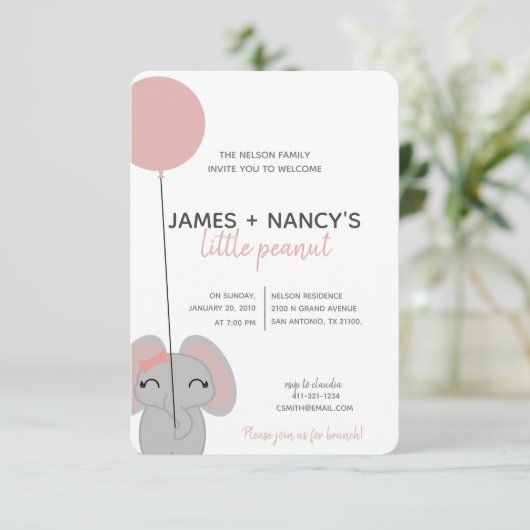 kleine pindakaas meisje BABY SHOWER olifant Uitnod Kaart (Staand voorkant)