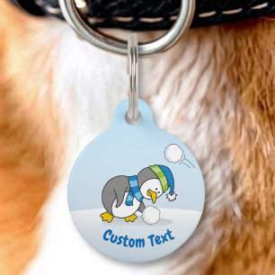 Kleine pinguïn die een sneeuwbal krijgt huisdierpenning