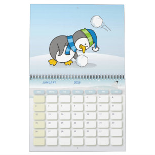 Kleine pinguïn die een sneeuwbal krijgt kalender