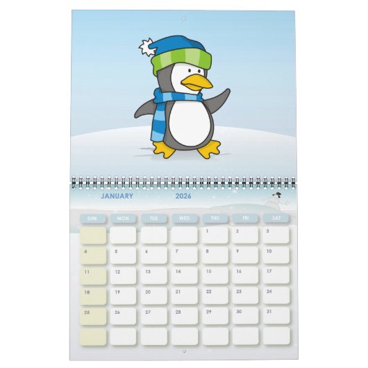 Kleine pinguïn die op sneeuw loopt kalender (Jan 2026)