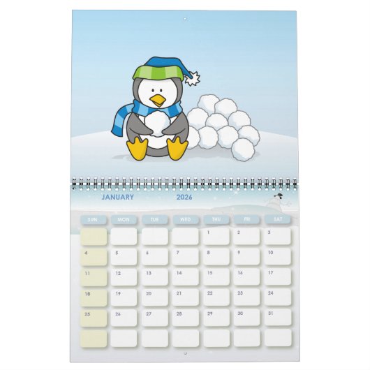 Kleine pinguïn die zit met sneeuwballen kalender (Jan 2026)