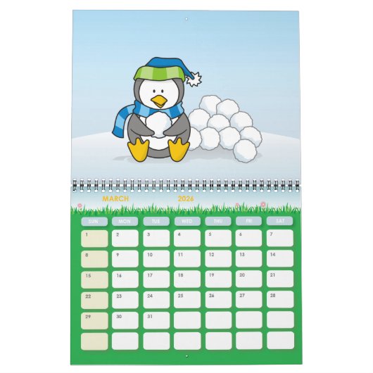 Kleine pinguïn die zit met sneeuwballen kalender (Mar 2026)