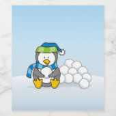 Kleine pinguïn die zit met sneeuwballen wijn etiket (Enkel label)
