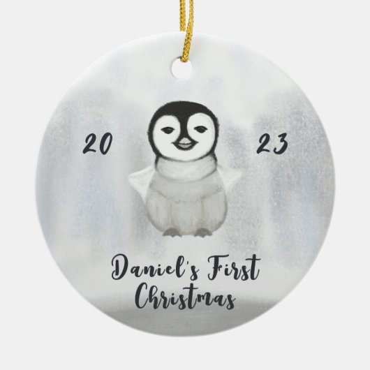 kleine pinguïn eerste kerst foto keramisch ornament (Voorkant)