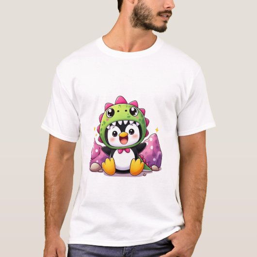 Kleine pinguïn in een Schattig dinosauruskostuum T-shirt (Voorkant)