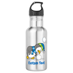 Kleine pinguïn krijgt een sneeuwbal van roestvrij  waterfles 
