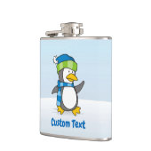 Kleine pinguïn loopt op sneeuwfles heupfles (Links)