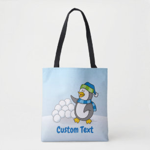 Kleine pinguïn met sneeuwballen die canvas tas zwa