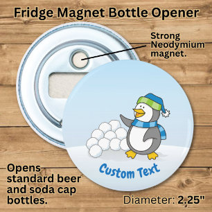 Kleine pinguïn met sneeuwballen die flesopener zwa button flesopener