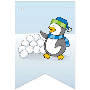 Kleine pinguïn met sneeuwballen vlaggetjes