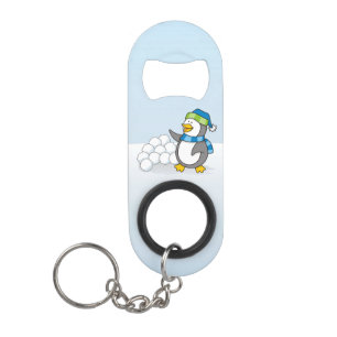 Kleine pinguïn met sneeuwballen zwaaien sleutelhan mini flessenopener
