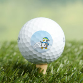 Kleine pinguïn met sneeuwballen zwaaiend golfballen