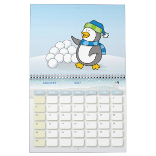Kleine pinguïn met sneeuwballen zwaaiend kalender