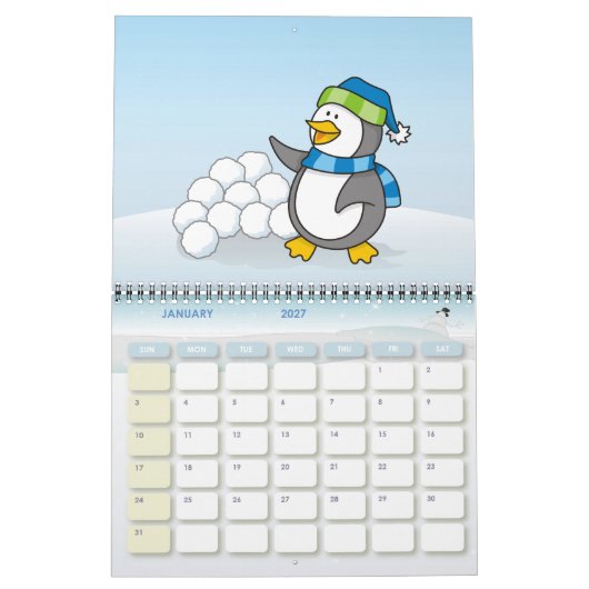 Kleine pinguïn met sneeuwballen zwaaiend kalender (Jan 2027)