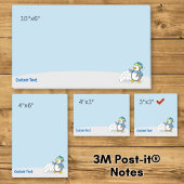 Kleine pinguïn met sneeuwballen zwaait post-it® notes