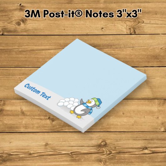 Kleine pinguïn met sneeuwballen zwaait post-it® notes