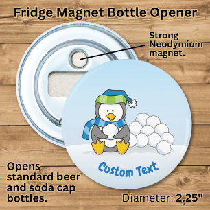 Kleine pinguïn zittend met sneeuwballen fles geope button flesopener