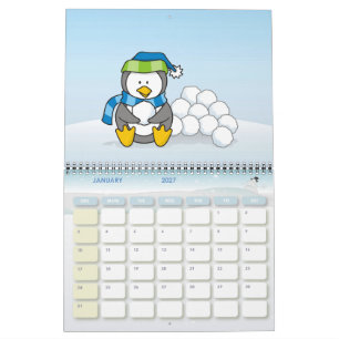 Kleine pinguïn zittend met sneeuwballen kalender