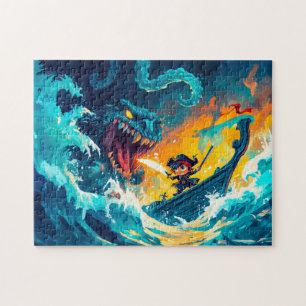 Kleine piraat die een zeemonster bevecht op de vol legpuzzel