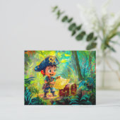 Kleine piraat met schatkaart en borst briefkaart (Staand voorkant)