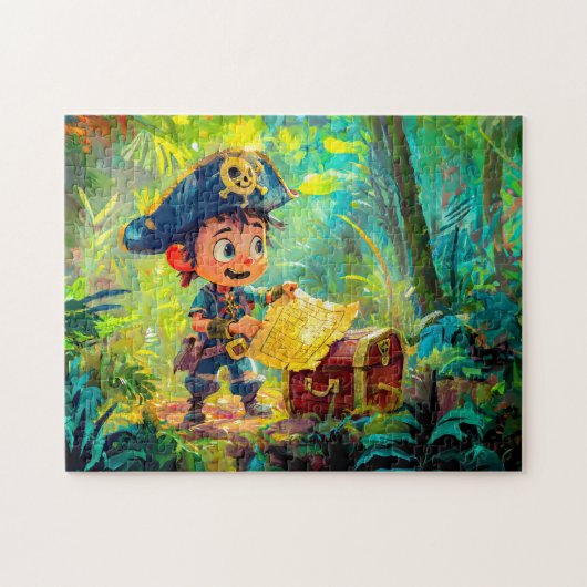 Kleine piraat met schatkaart en kist legpuzzel (Horizontaal)