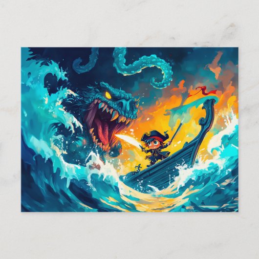 Kleine piraat vecht tegen een Zee monster op de Hi Briefkaart (Voorkant)