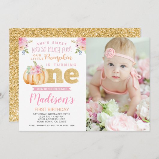 Kleine pompoen 1e verjaardag uitnodiging met foto (Voorkant / Achterkant)