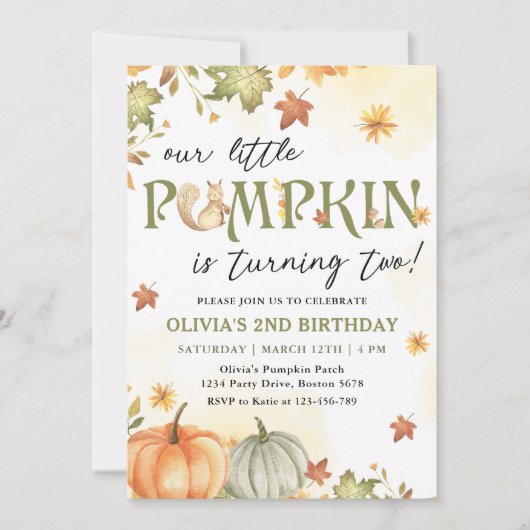 Kleine Pompoen 2e Verjaardagsfeestuitnodiging Kaart (Voorkant)