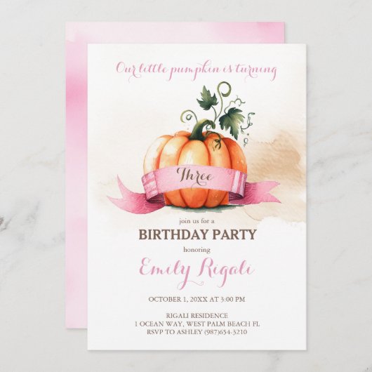 Kleine Pompoen 3e Verjaardagsfeestje Uitnodiging M (Voorkant / Achterkant)